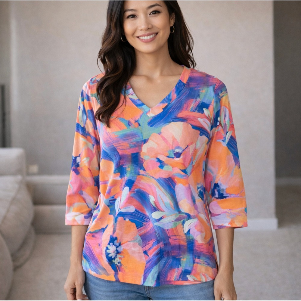 Soft Surroundings Floral Bright V-Neck 3/4 Sleeve Top XS - Picture 1 of 4